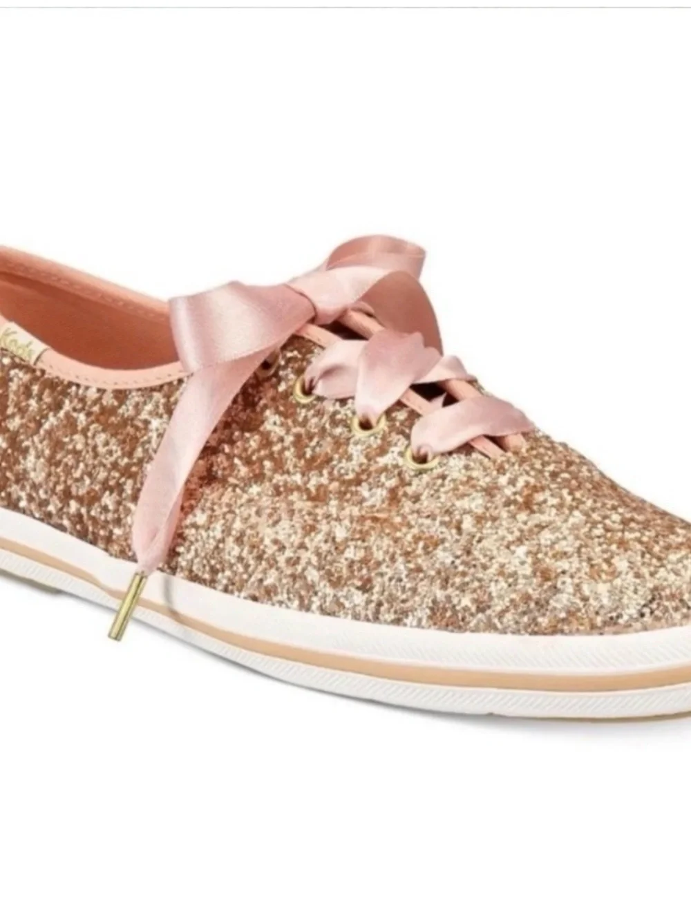 Glitter Satin Lace-Up Women's Sneaker - Rose Gold Pink - Picture 1 of 8